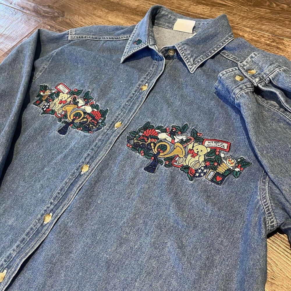 VTG Bobbie Brooks Christmas Shirt Womens L Denim Embroidered Teddy Bear Holiday